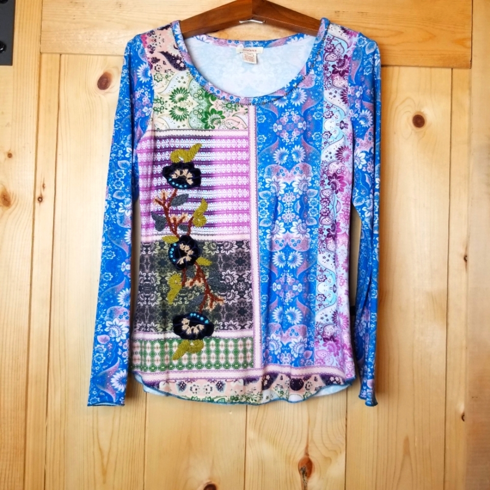 Sundance Catalog Poetic Patchwork Beaded Embroidered Long Sleeve Top